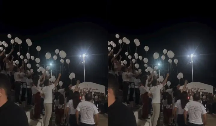 Familiares e amigos soltam balões brancos durante missa de 7º dia de criança em Elesbão Veloso
